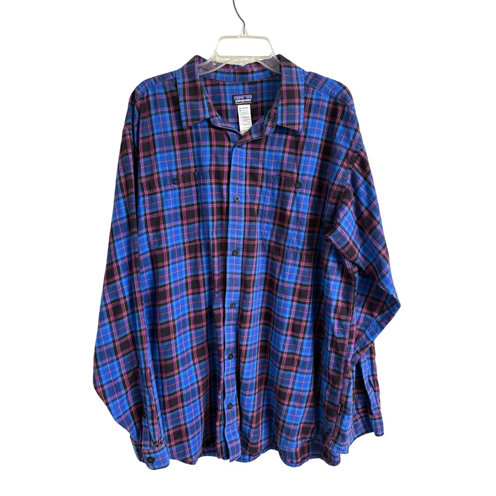Patagonia Organic Cotton Plaid Flannel Shirt Mens XXL Blue Purple Outdoor Hiking